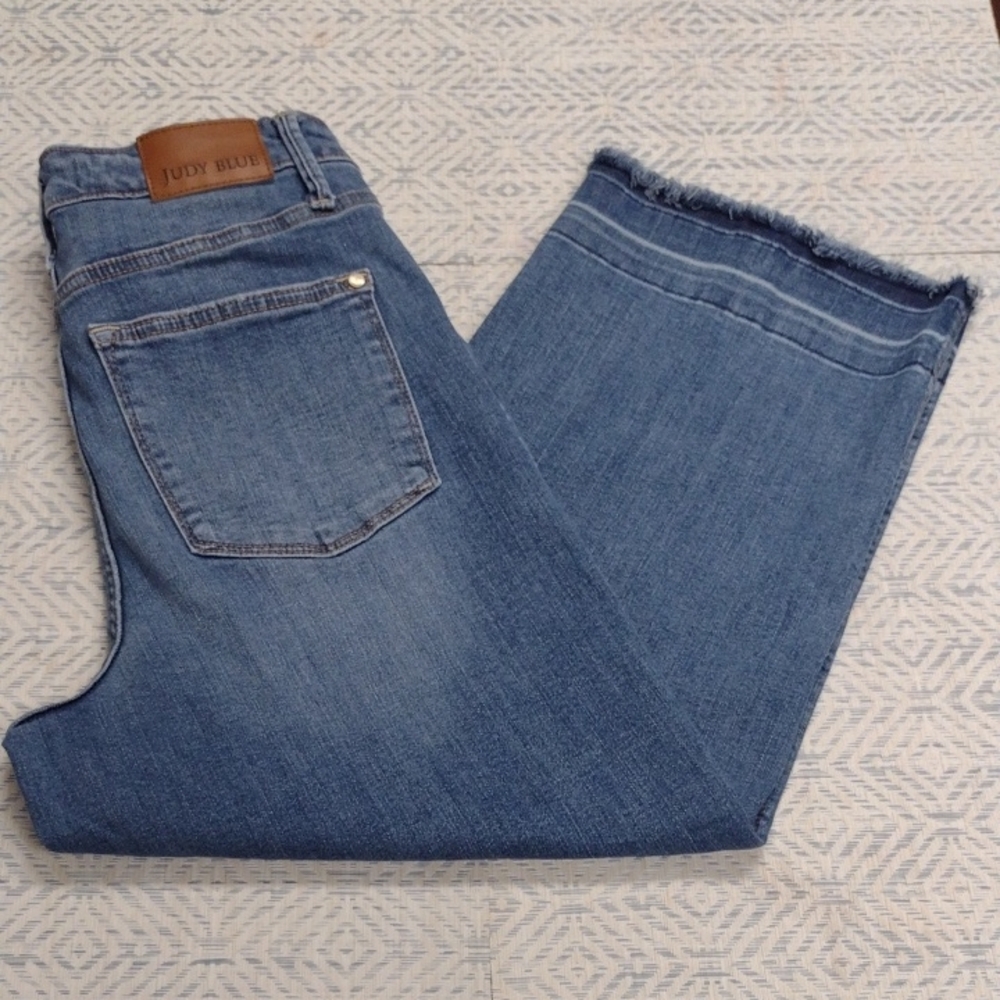 Judy Blue Distressed Hem Denim Jeans Wide Crop